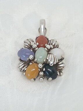 Vintage Multicolor Jade Sterling Silver Pendant Multi-stone Necklace Enhancer